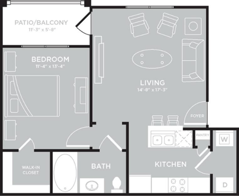 Floor plan for 1 bed, 1 bath, 608 sqft